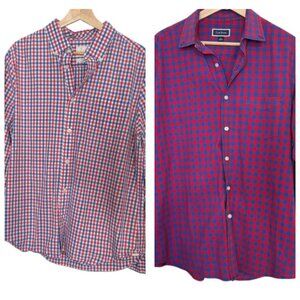 LOT OF 2 Mens LARGE Red Blue 100% Cotton Long Sleeve Button Down Collared Shirts